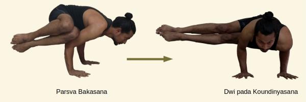 transition from side crane pose to kaundinyasana